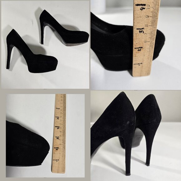 Stuart Weitzman Black Suede Platform Pumps Round Toe 7.5 N 5" Stiletto Heel - Picture 14 of 16